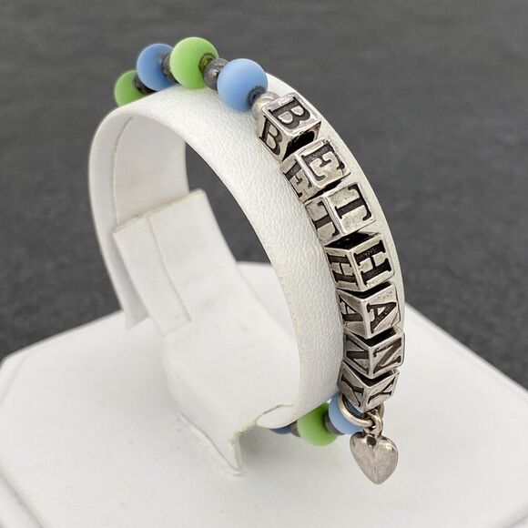 Blue Green Shimmery "Bethany" Beaded Bracelet | Vintage Sterling Silver 925 | 6" - Picture 8 of 13